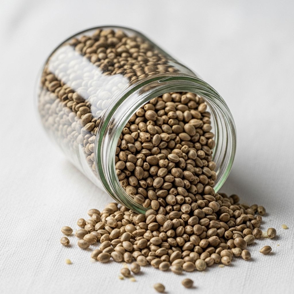 Shelled hemp seeds in a small glass jar tipped sideways on a white linen cloth, with a scattering of seeds visible nearby, bright clean photography