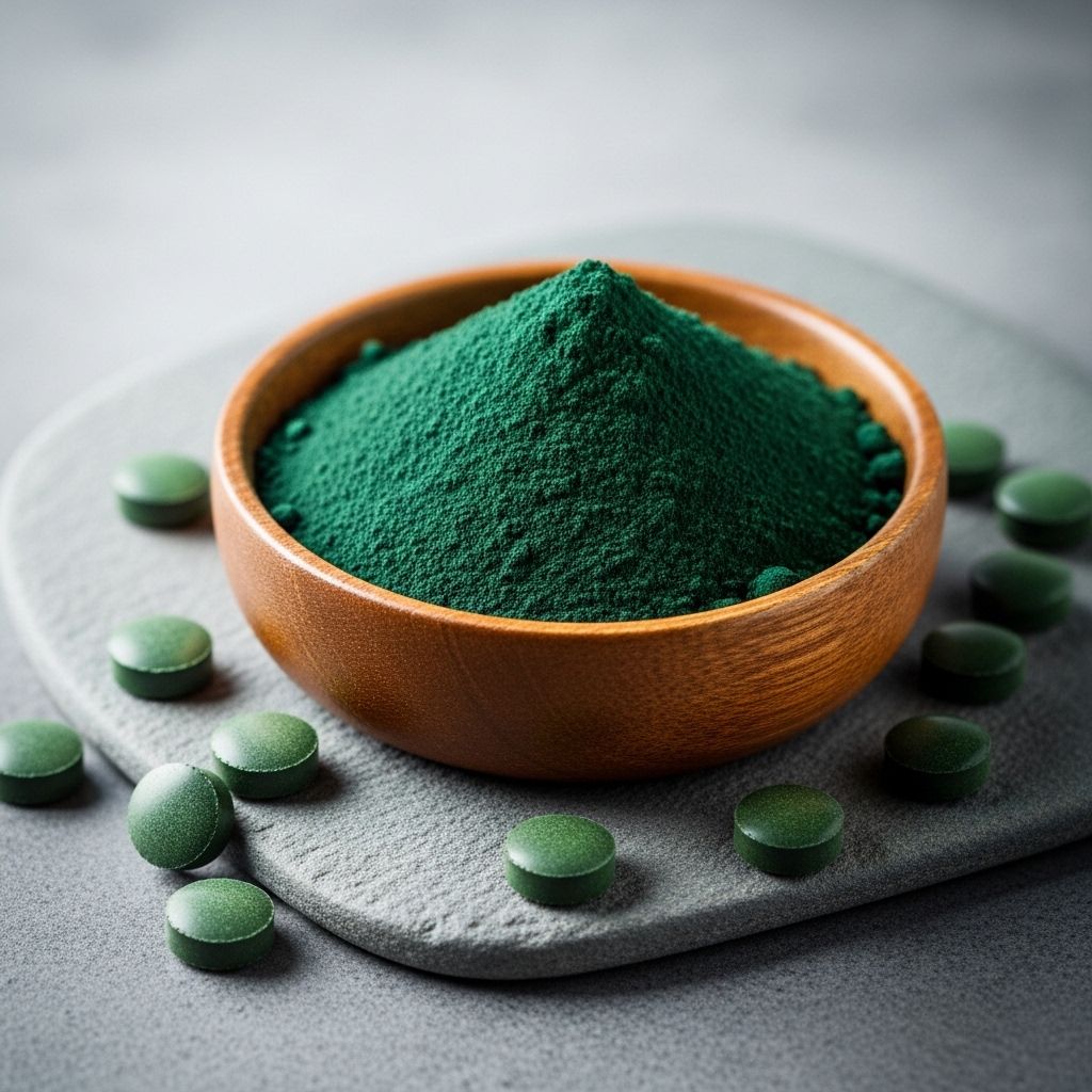 Vibrant teal-green spirulina powder in a round wooden bowl surrounded by dried spirulina tablets, placed on a grey stone surface with natural side lighting