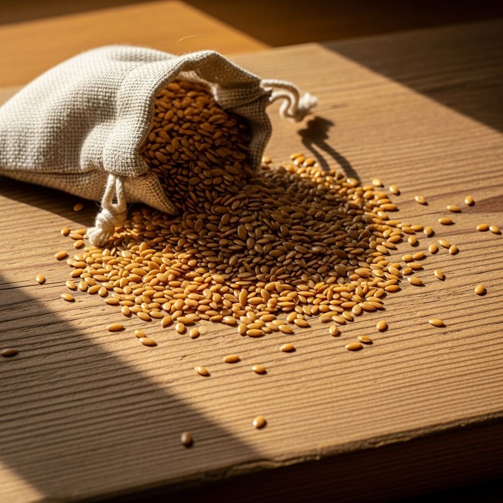 Scattered golden-brown flaxseeds on a rustic wooden board with a small linen pouch, natural light from a nearby window creating soft shadows