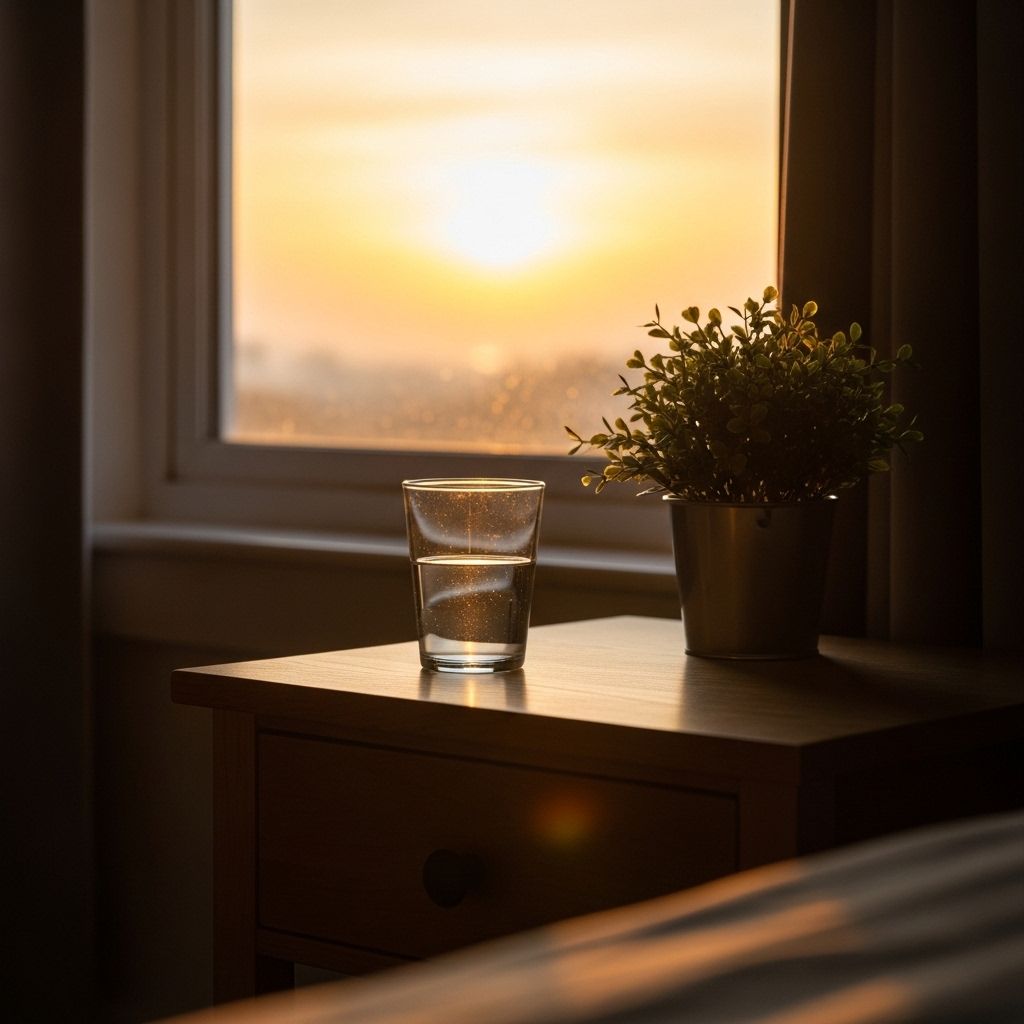 Peaceful sunrise viewed from a quiet bedroom window with soft golden light illuminating a wooden bedside table with a glass of water and a small plant